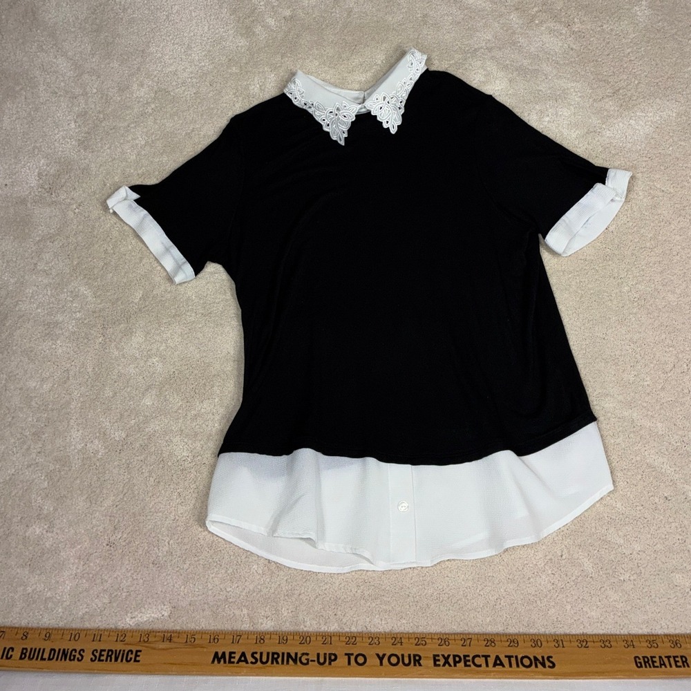 Misia Womens Black Short Sleeve Lace Peter Pan Collar Faux Layered Top Large